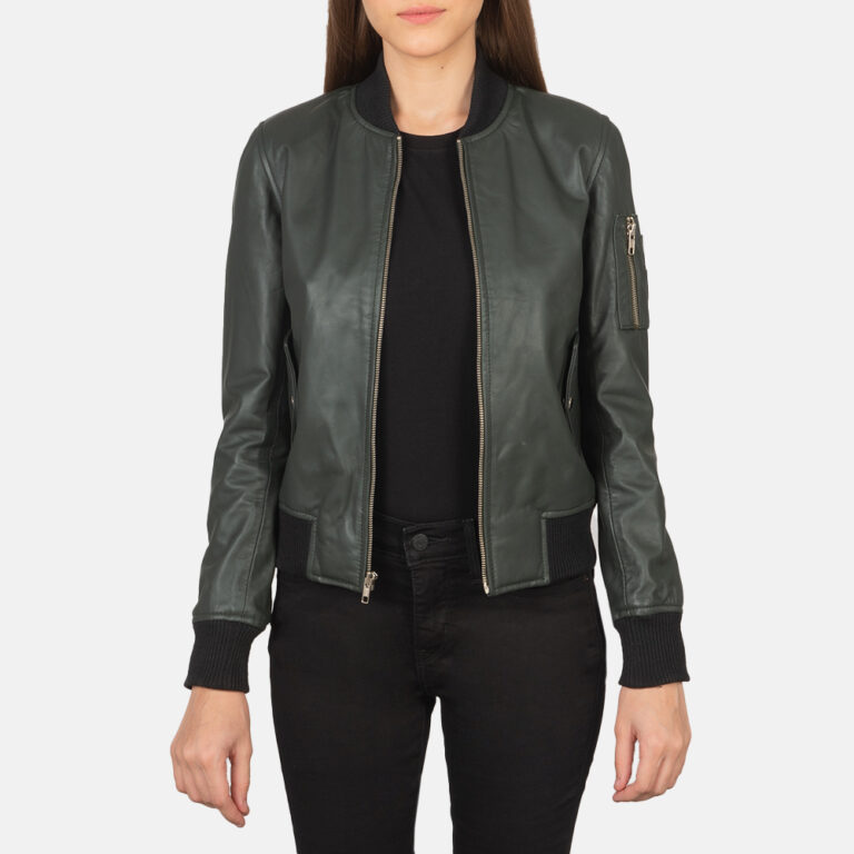 Womens Ava Ma-1 Green Leather Bomber Jacket Open Front-4-1659372187570